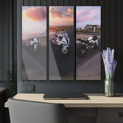 BMW S1000RR motorcycle three-piece canvas art set in vertical panels, modern wall art for home decor.
