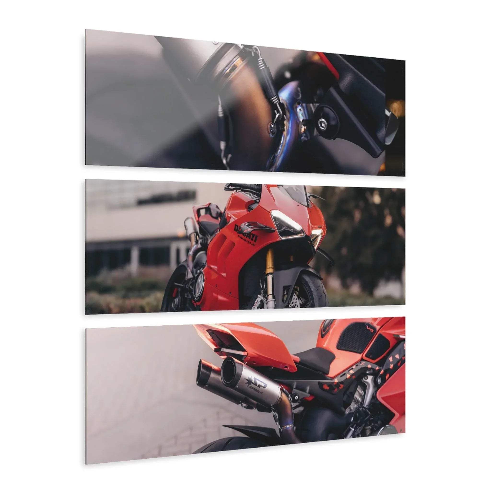 Three-piece canvas art wall art featuring detailed close-ups of a red Ducati Panigale V4S motorcycle.