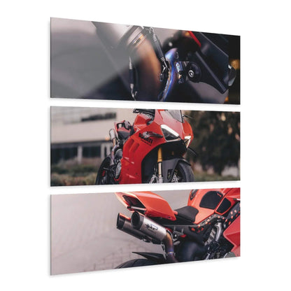 Three-piece canvas art wall art featuring detailed close-ups of a red Ducati Panigale V4S motorcycle.