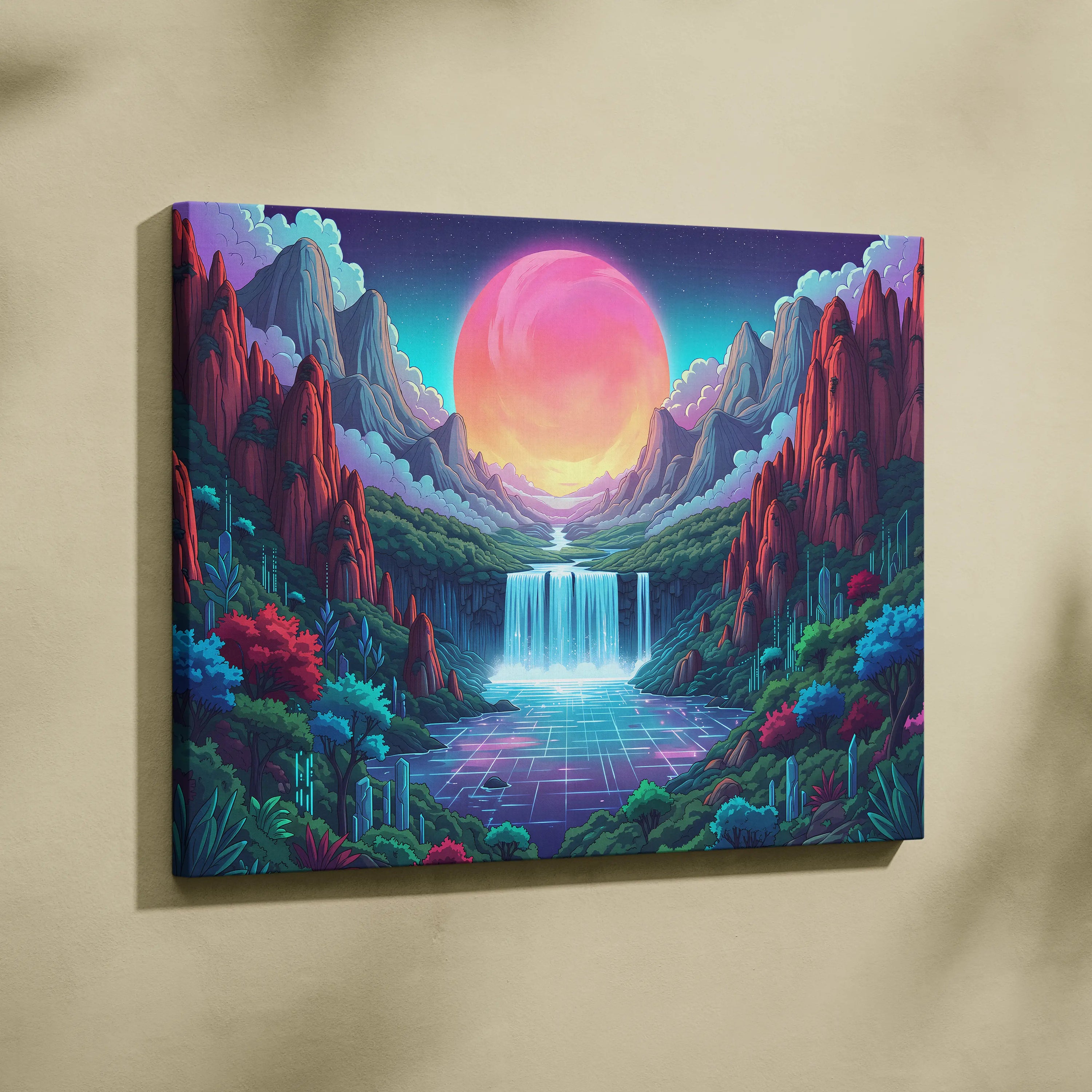 Vaporwave Neon Sunset Dreamscape - Vaporwave Canvas Art Neon Pink Purple Living Room Decor Retro Futurist Mood Canvas
