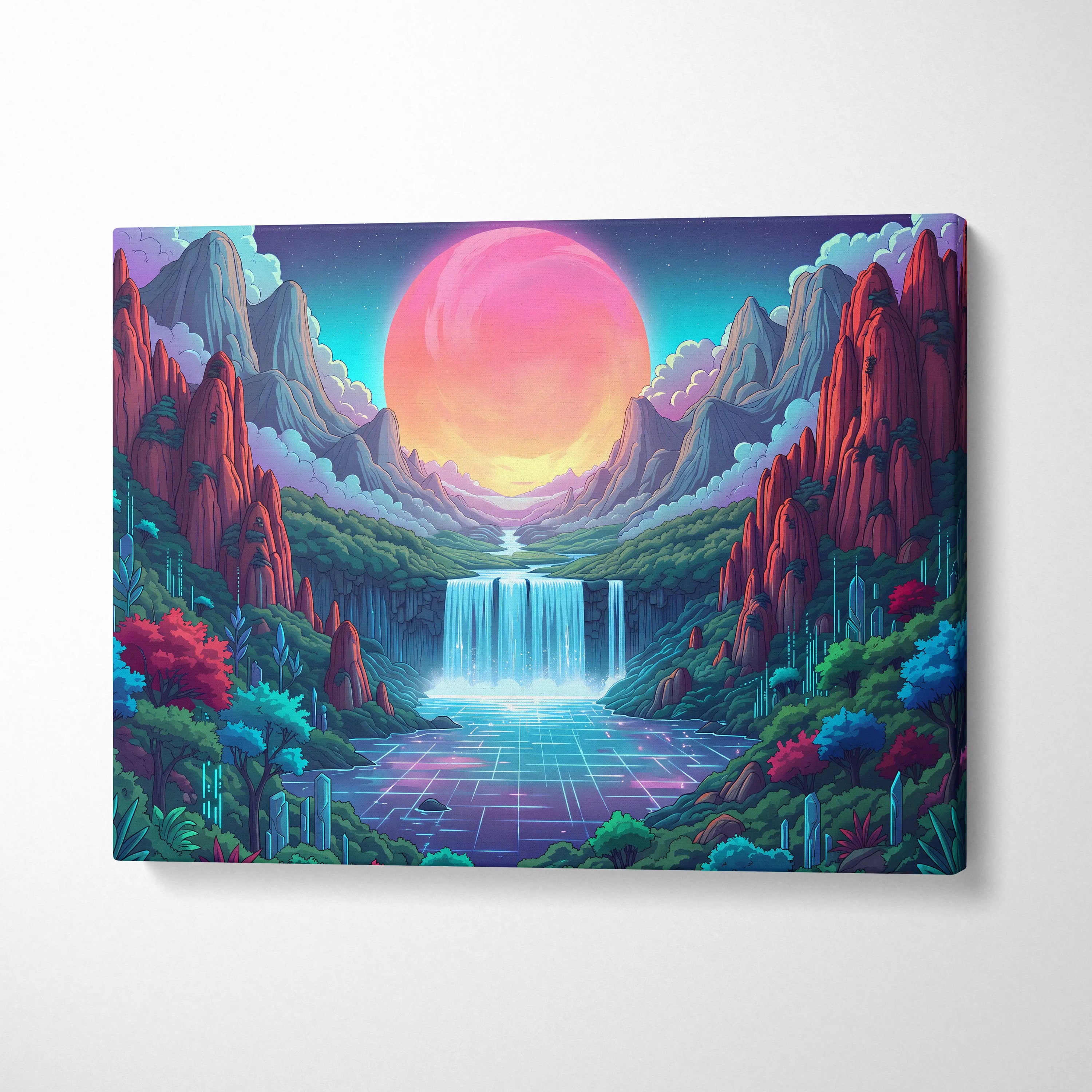 Vaporwave Neon Sunset Dreamscape - Vaporwave Canvas Art Neon Pink Purple Living Room Decor Retro Futurist Mood Canvas