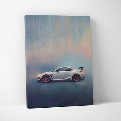Silver toyota gr86 inspired sports car wall art canvas print with sleek design and bronze wheels for modern living room