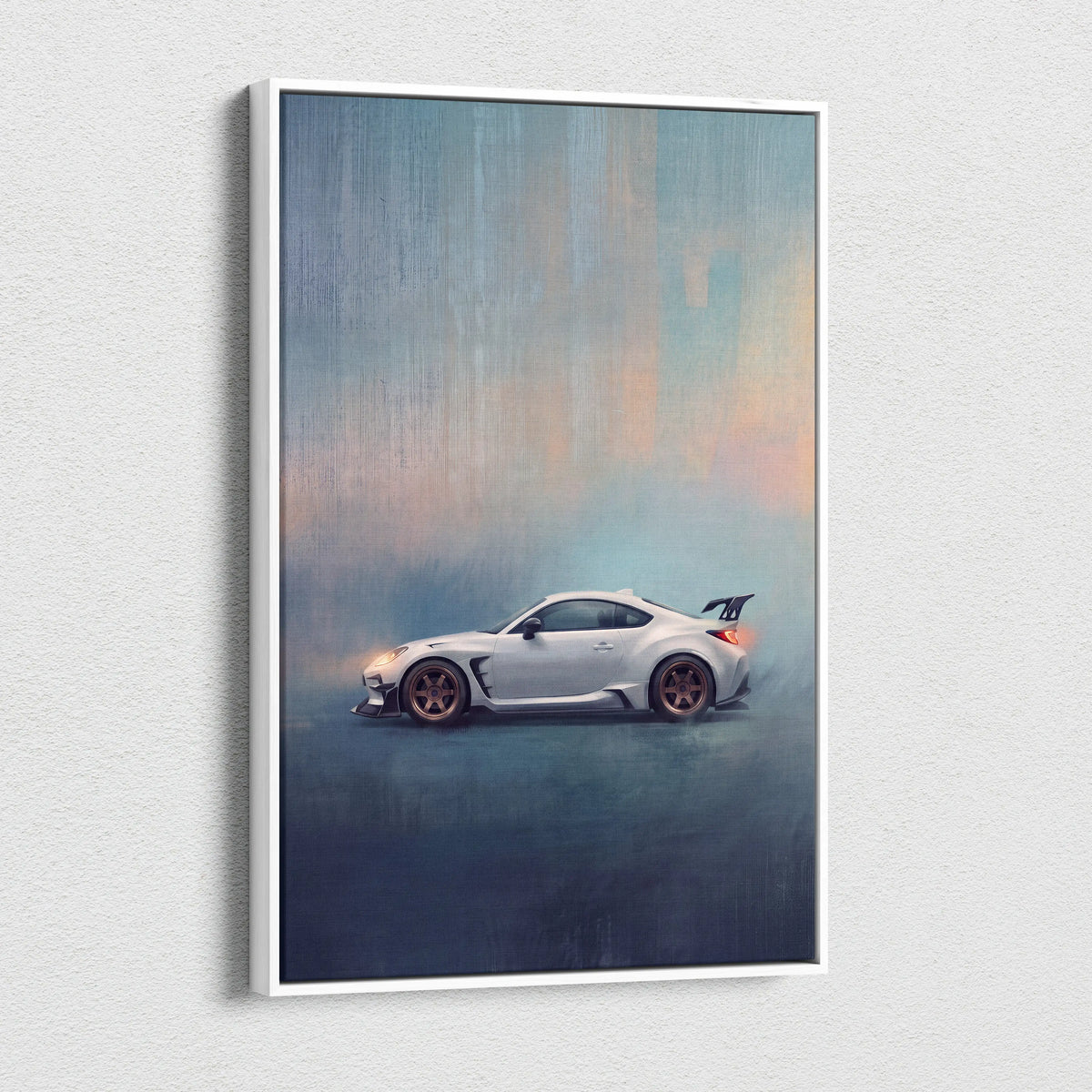 White framed canvas print of a silver toyota gr86 sports car with bronze wheels on a blue and orange gradient background