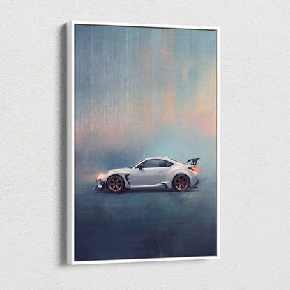 White framed canvas print of a silver toyota gr86 sports car with bronze wheels on a blue and orange gradient background