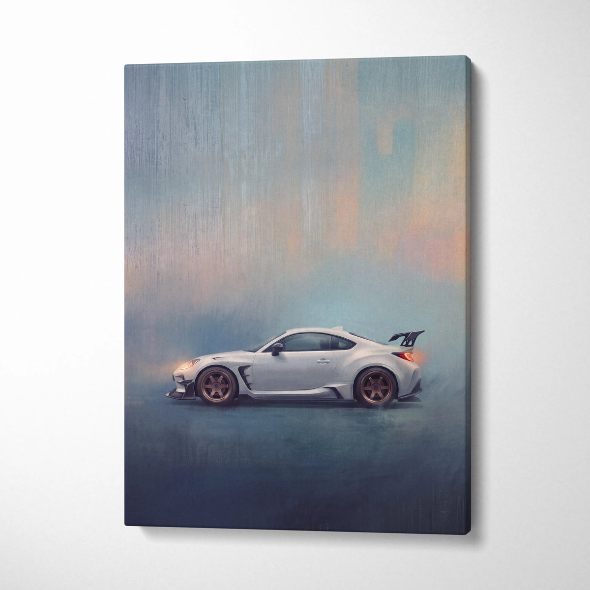 White toyota gr86 inspired sports car canvas print with bronze wheels and orange accent lighting for modern living room