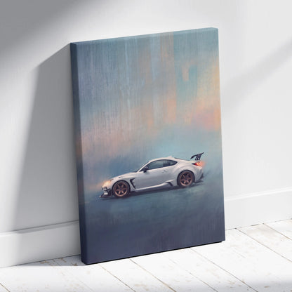 A canvas print of a white Toyota GR86 drifting in rain with dynamic brushstrokes and soft pastel skies for wall art