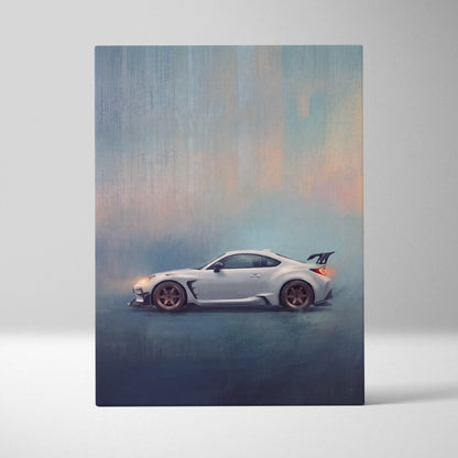 Toyota GR86 inspired car wall art featuring a sleek white sports car with bronze rims and a black rear spoiler in painting style