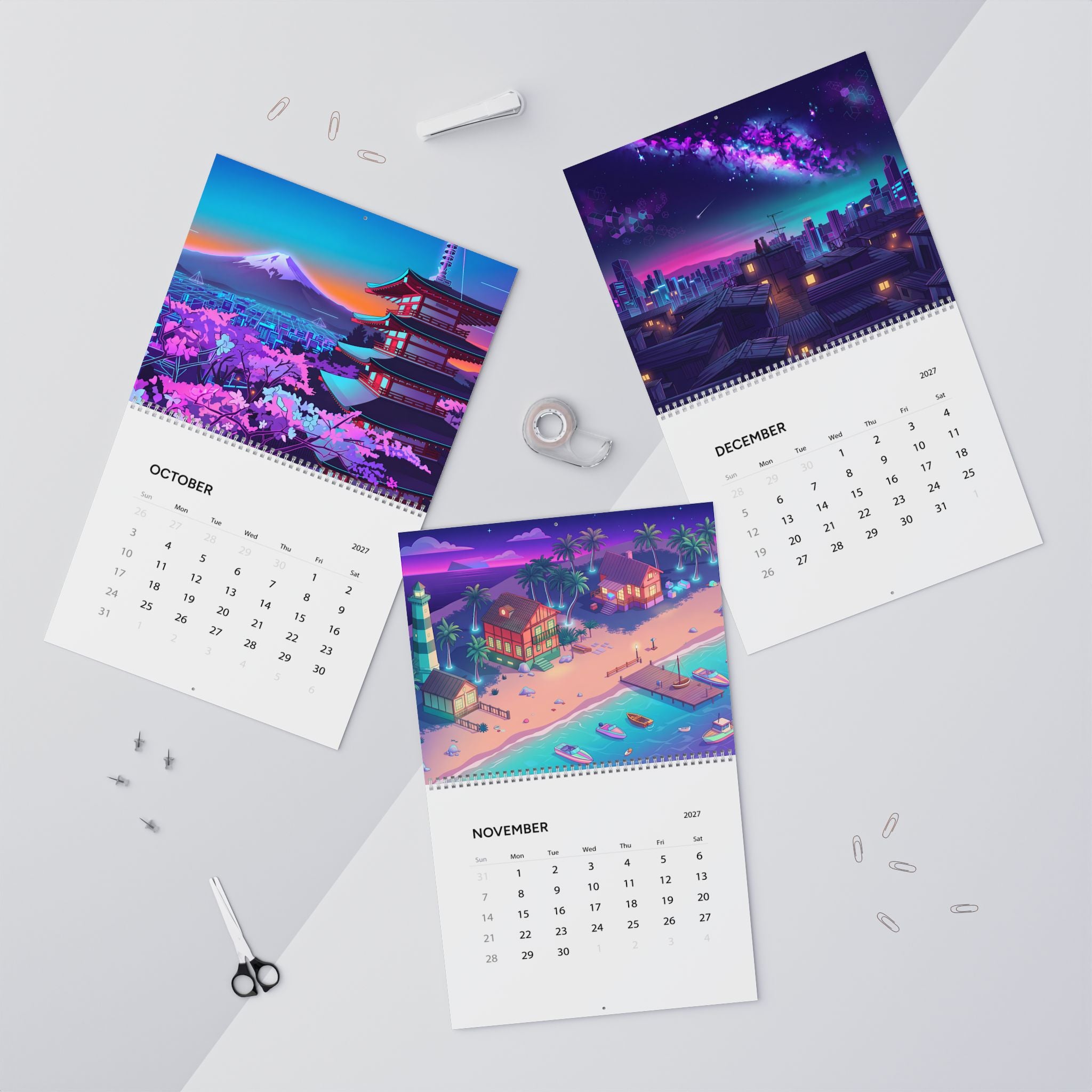2027 Vaporwave Artwork Wall Calendar – Retro Futuristic Neon Art & Colorful Dreamscape Designs