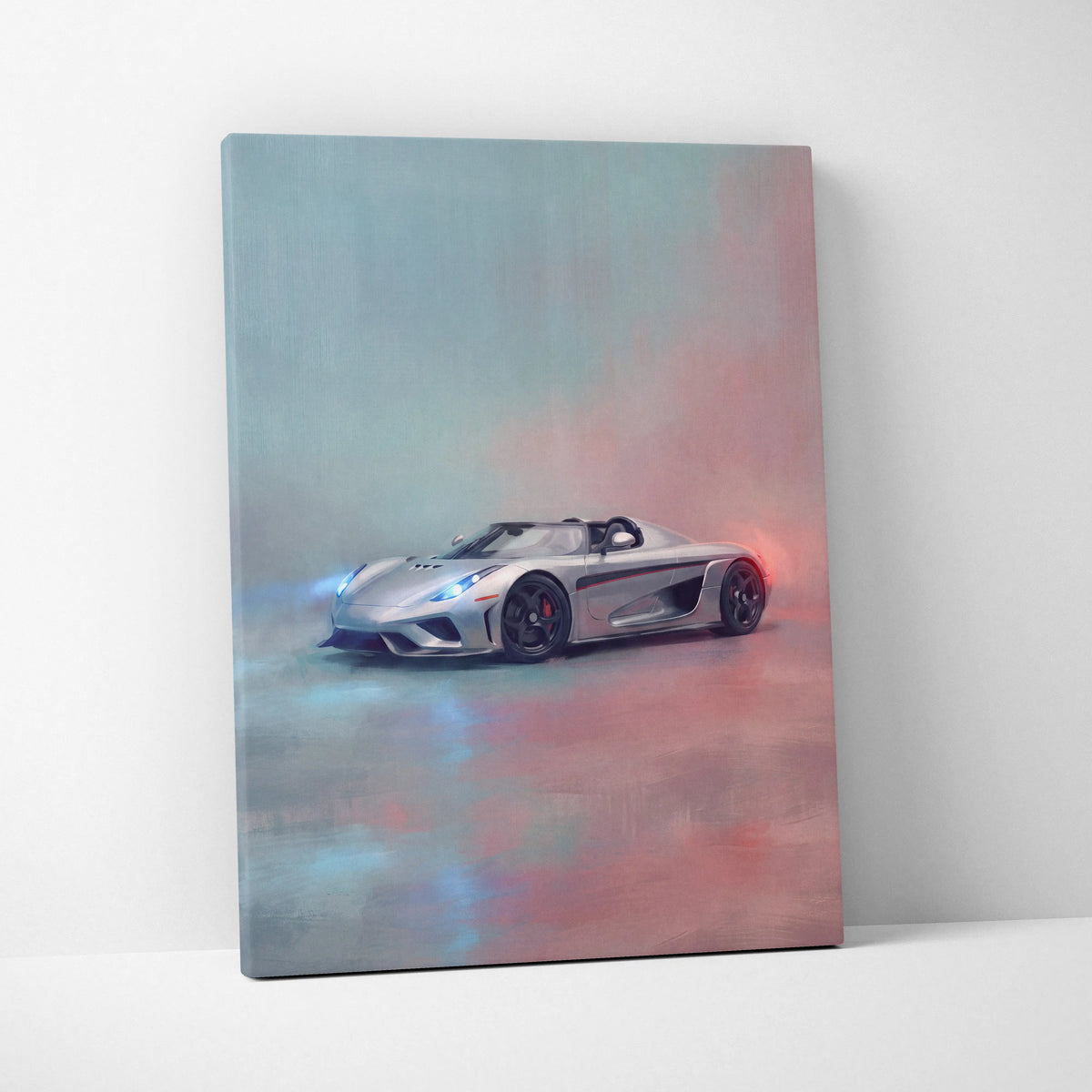 Silver koenigsegg agera rs sports car stylized painting on canvas premium automotive wall decor