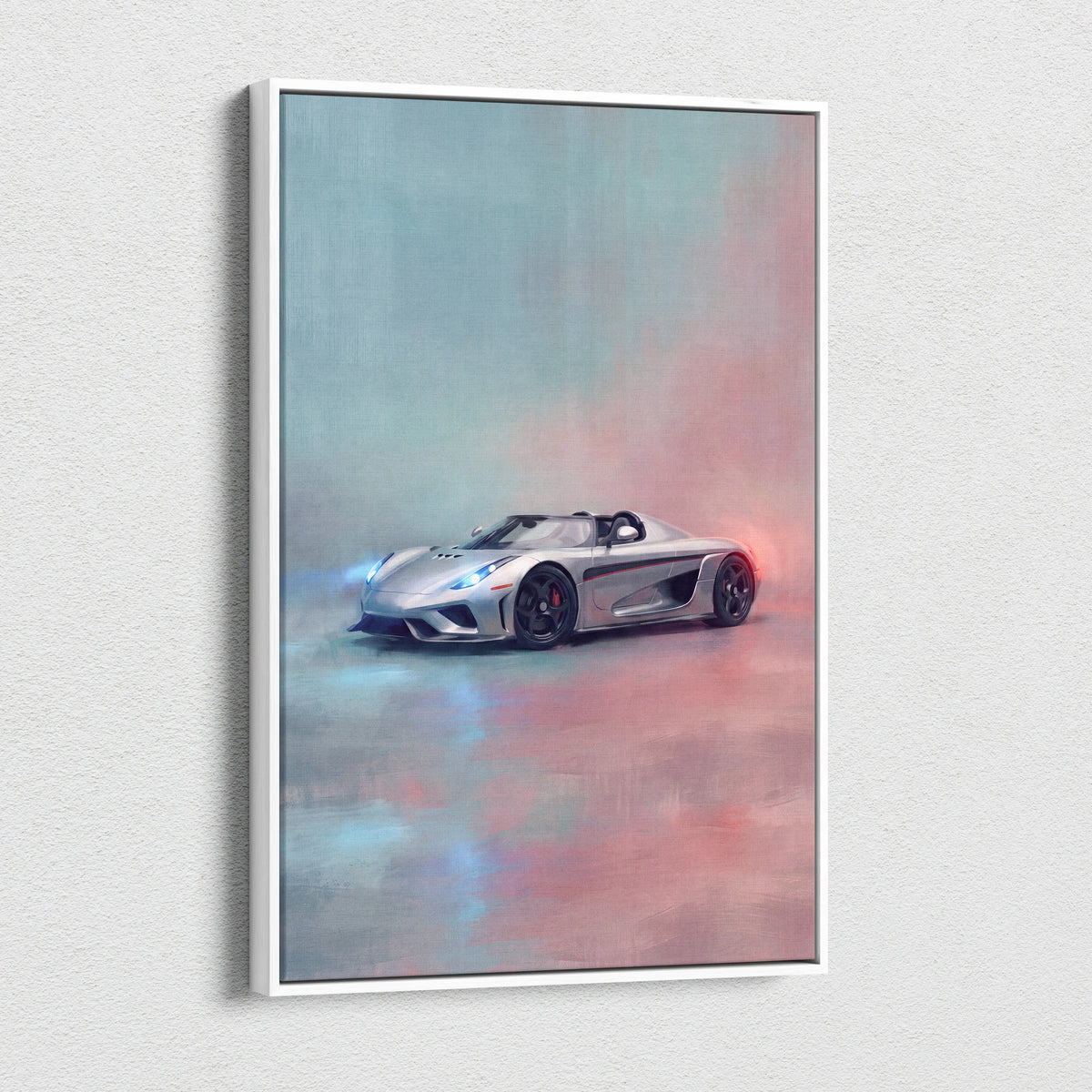Koenigsegg regera inspired canvas art featuring a silver hypercar with glowing blue and red accents for wall decor