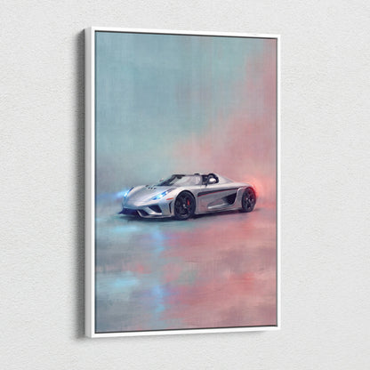 Koenigsegg regera inspired canvas art featuring a silver hypercar with glowing blue and red accents for wall decor