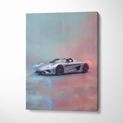 Silver Koenigsegg hypercar stylized canvas art with glowing blue and red accents premium automotive wall decor