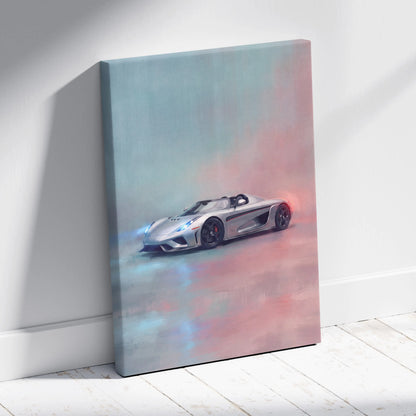 Silver Koenigsegg Regera inspired hypercar canvas art with soft pastel gradient background for premium wall decor