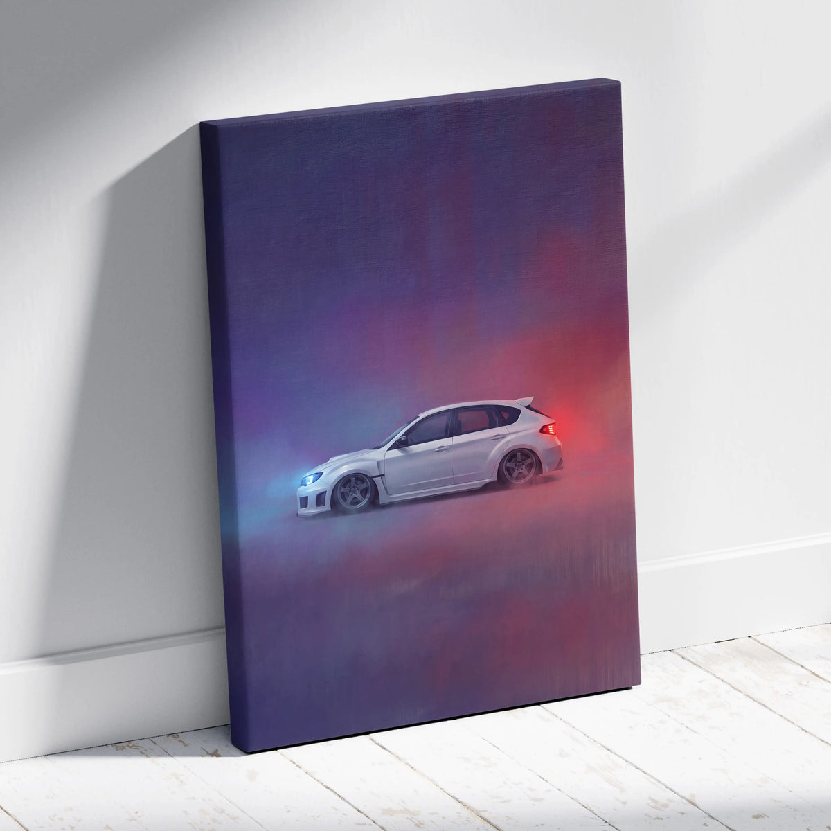 Subaru WRX Hatchback Inspired Canvas Art - Rally Racing Vehicle Canvas Painting for Home Decor