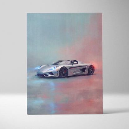 Silver koenigsegg agera rs sports car with glowing blue and red accents in stylized canvas art premium wall decor