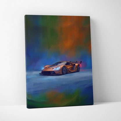 Ford GT inspired orange sports car wall art canvas print with glowing headlights and rear spoiler on abstract background