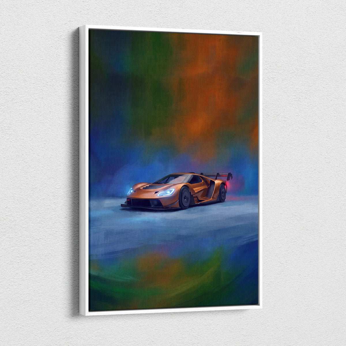 A framed canvas print of an orange Ford GT inspired sports car with glowing headlights on an abstract colorful background