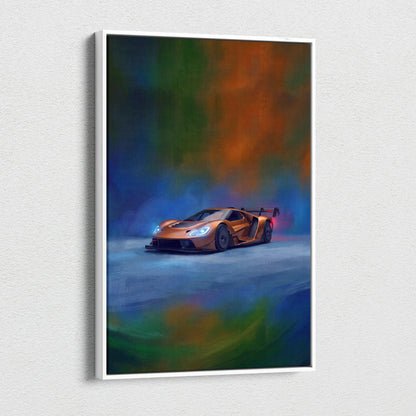 A framed canvas print of an orange Ford GT inspired sports car with glowing headlights on an abstract colorful background