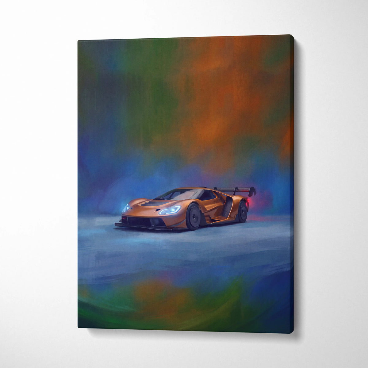 Ford gt inspired car wall art canvas print featuring a vibrant orange sports car with glowing headlights and smoky background