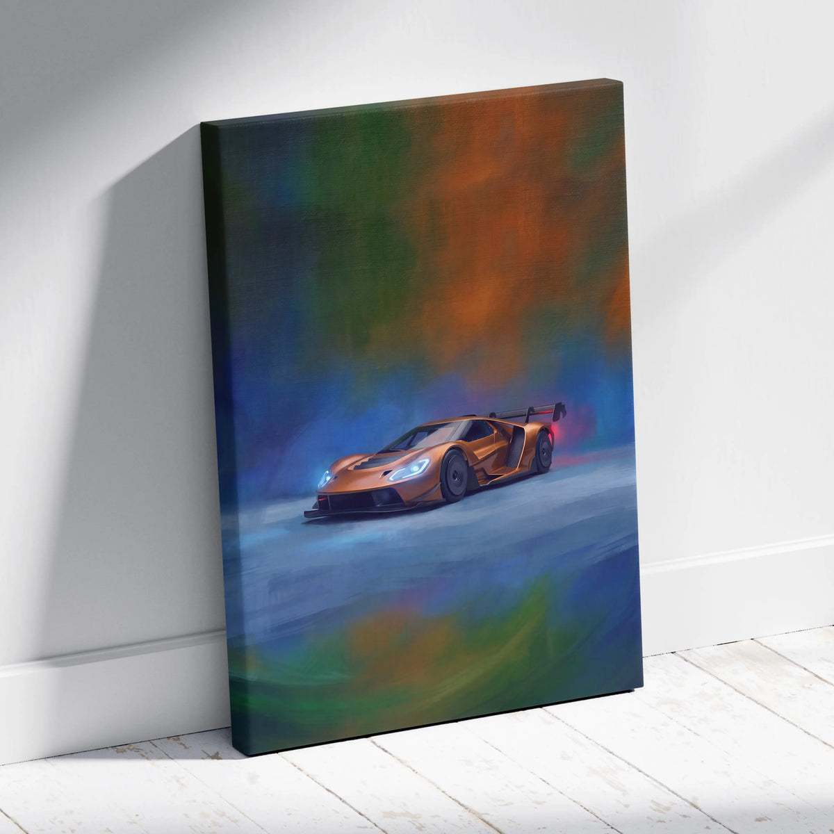 Ford GT inspired orange sports car wall art canvas painting print with glowing headlights and colorful background