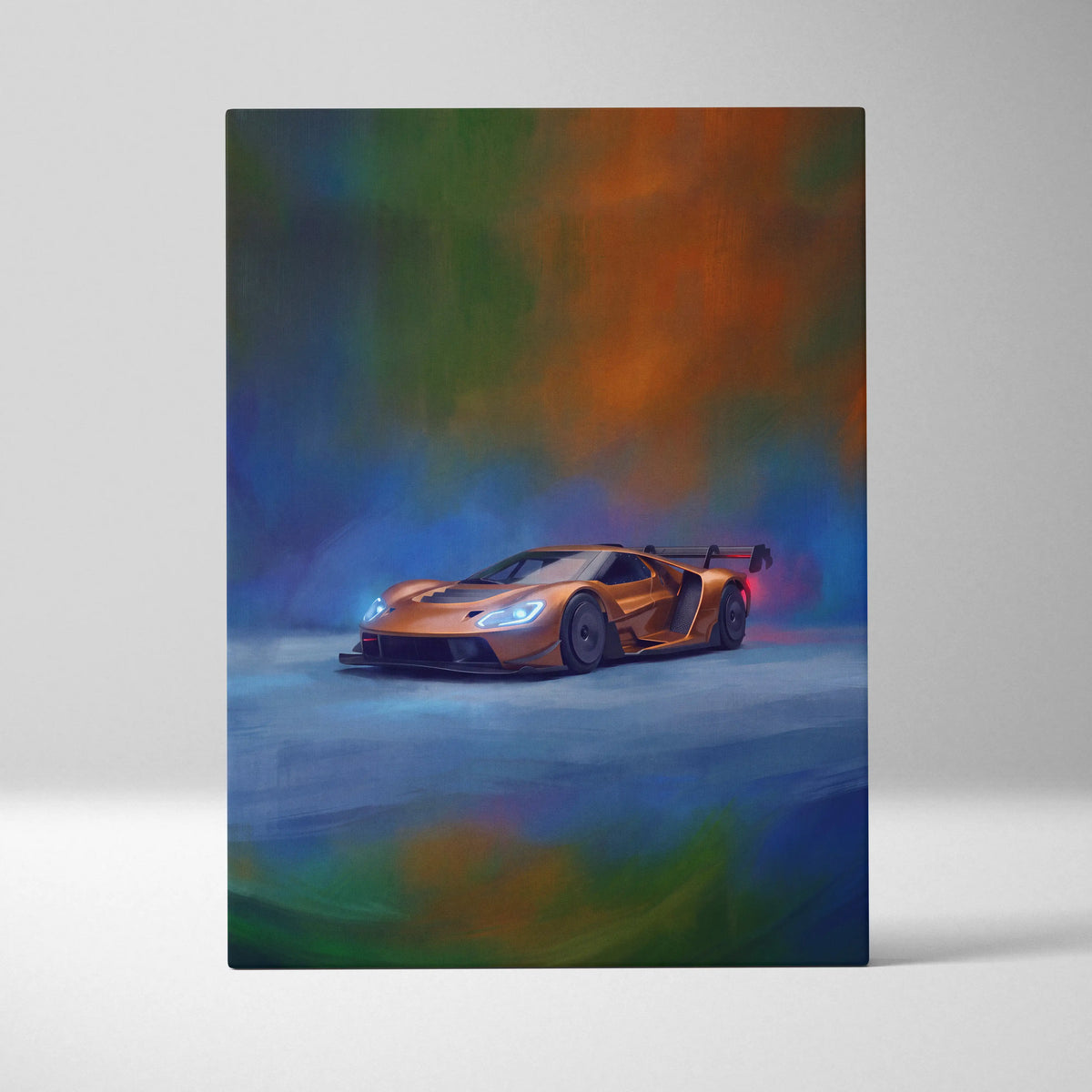 Ford GT inspired car wall art canvas painting print featuring a vibrant orange sports car with glowing headlights and multicolored background