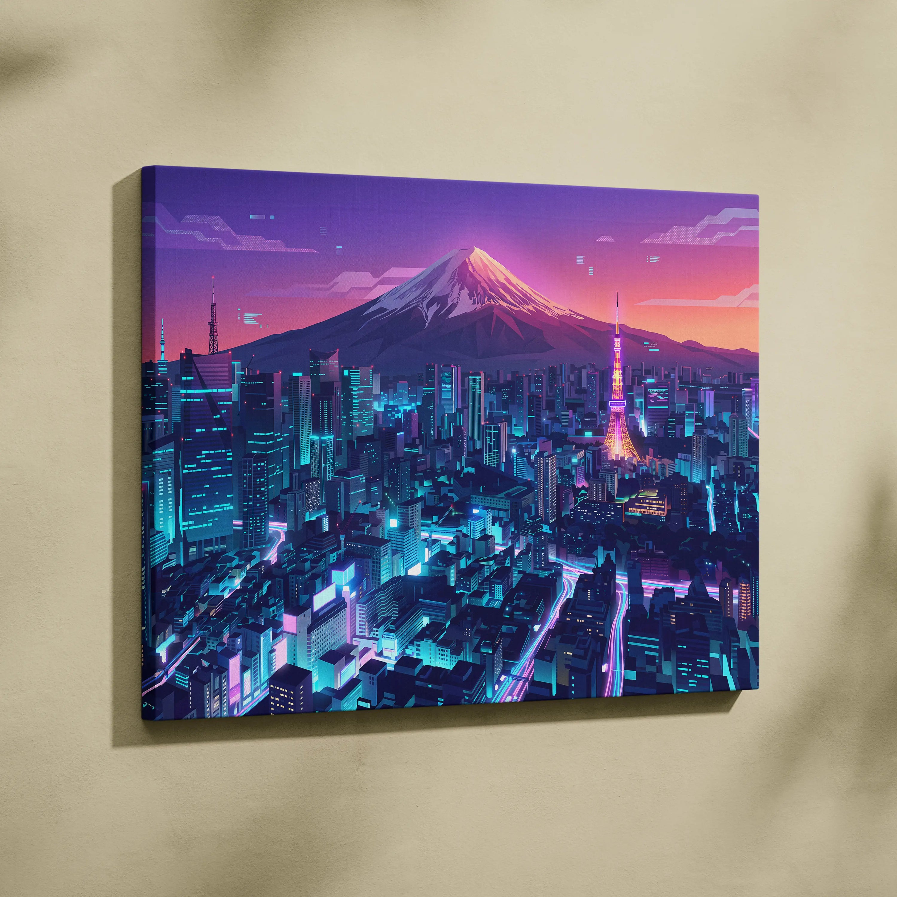 Neon Mountain City Vaporwave Canvas - Vaporwave City Neon Pink Blue Living Room Art - Dreamy Neon City Wall Art Canvas