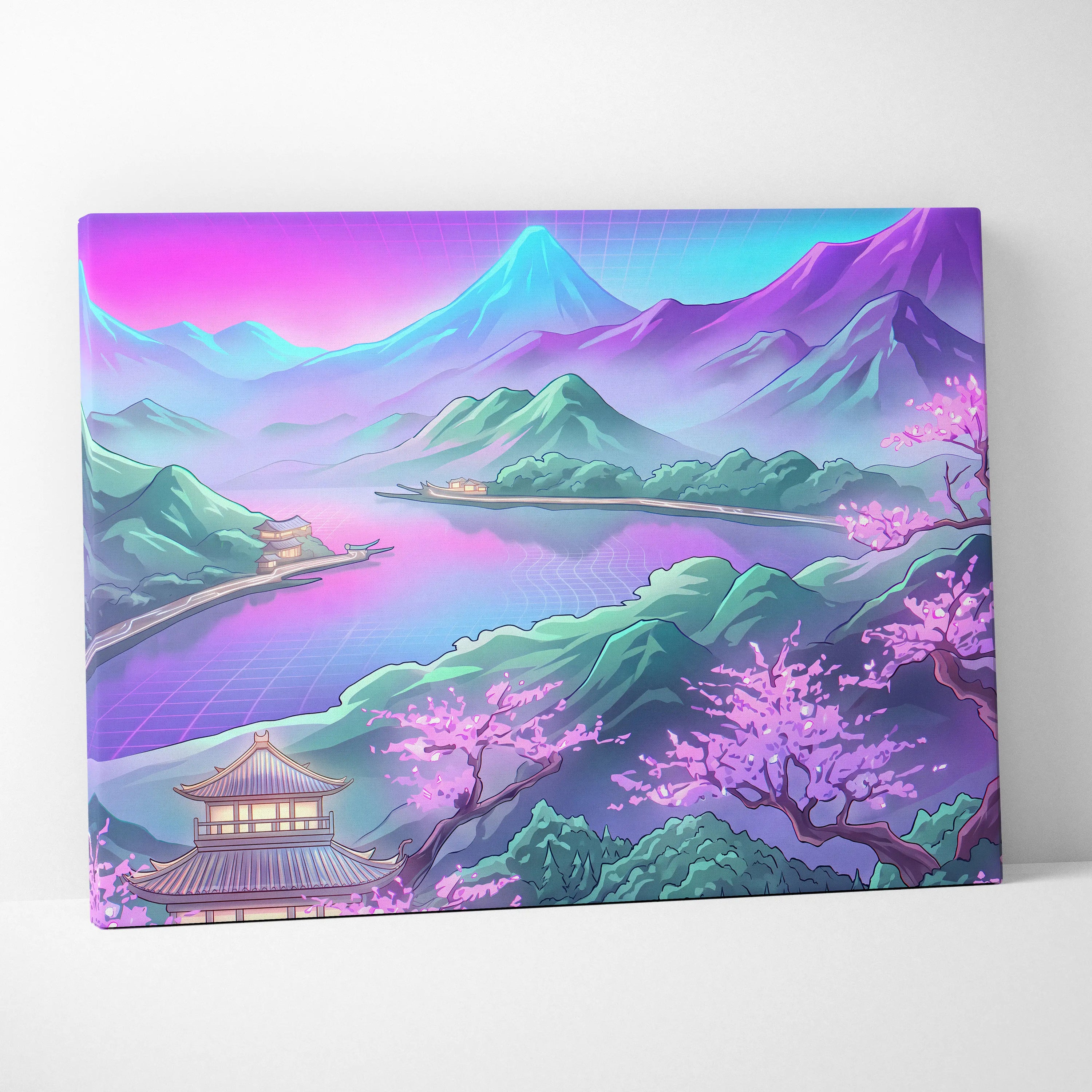 Vaporwave Japan Neon Mountain - Japan Landscape Pink Neon Vaporwave Living Room Retro Futurism Decor Canvas Print