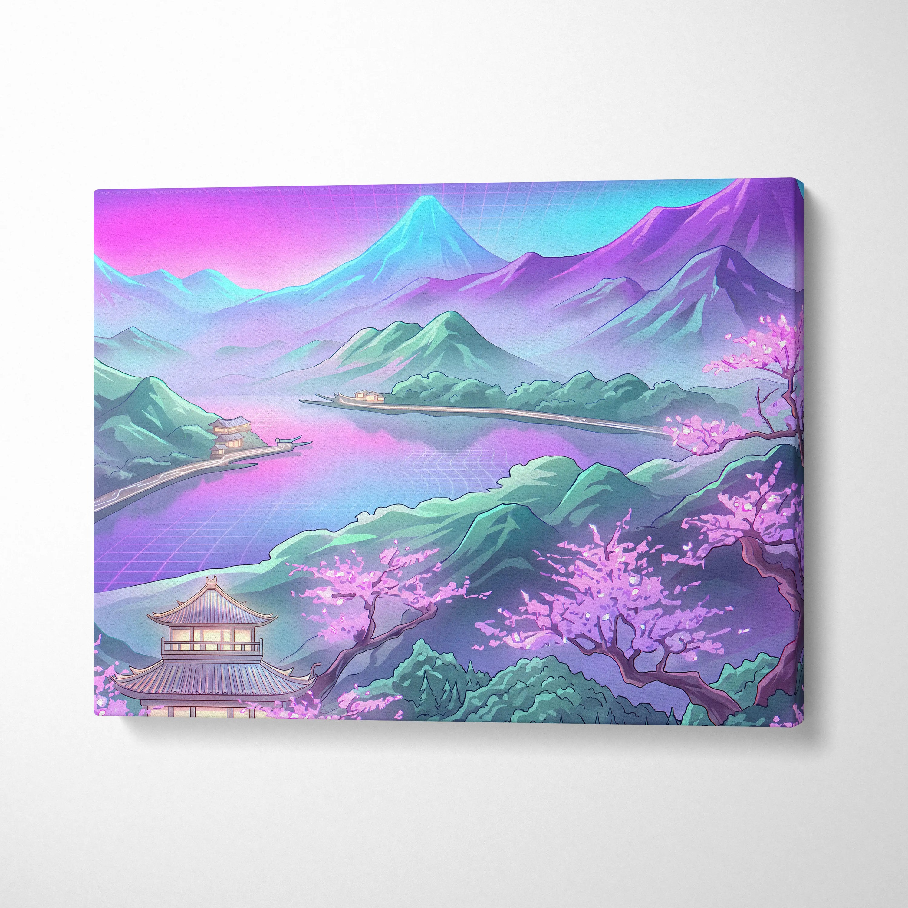Vaporwave Japan Neon Mountain - Japan Landscape Pink Neon Vaporwave Living Room Retro Futurism Decor Canvas Print
