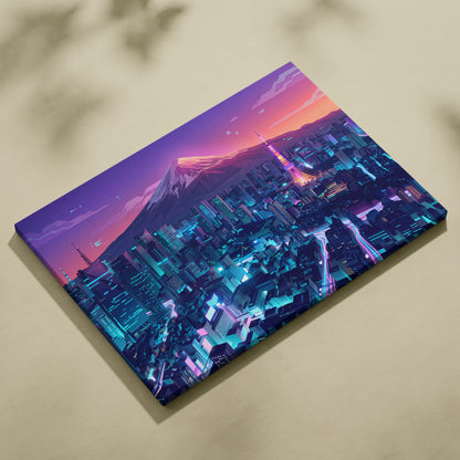 Neon Mountain City Vaporwave Canvas - Vaporwave City Neon Pink Blue Living Room Art - Dreamy Neon City Wall Art Canvas