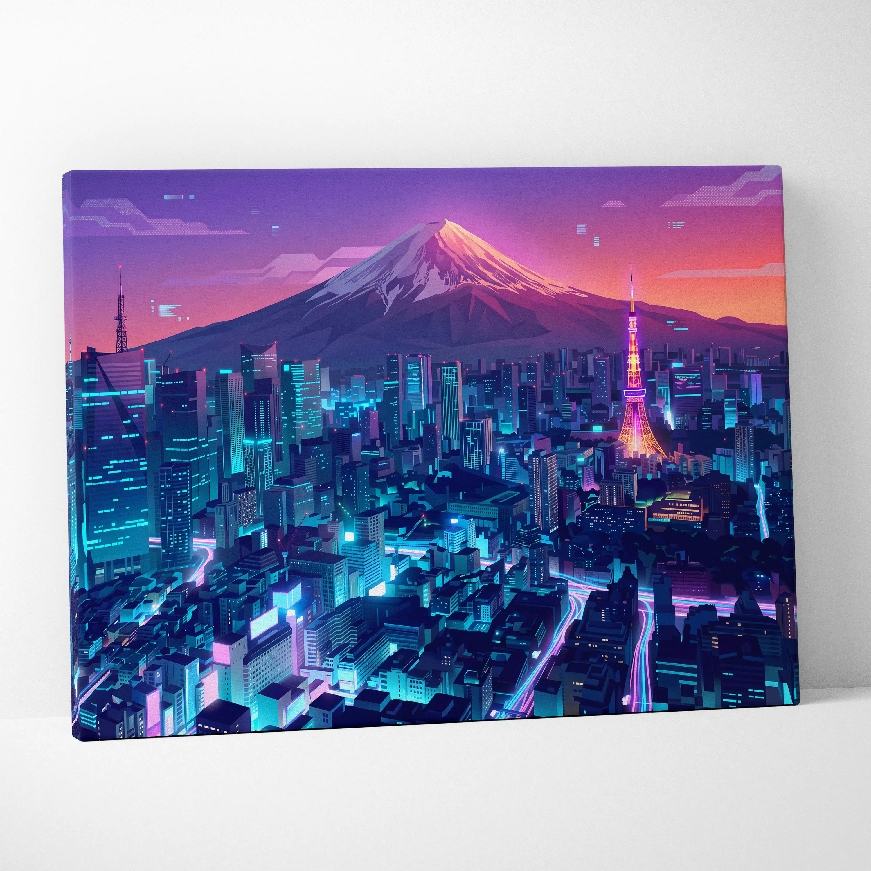 Neon Mountain City Vaporwave Canvas - Vaporwave City Neon Pink Blue Living Room Art - Dreamy Neon City Wall Art Canvas