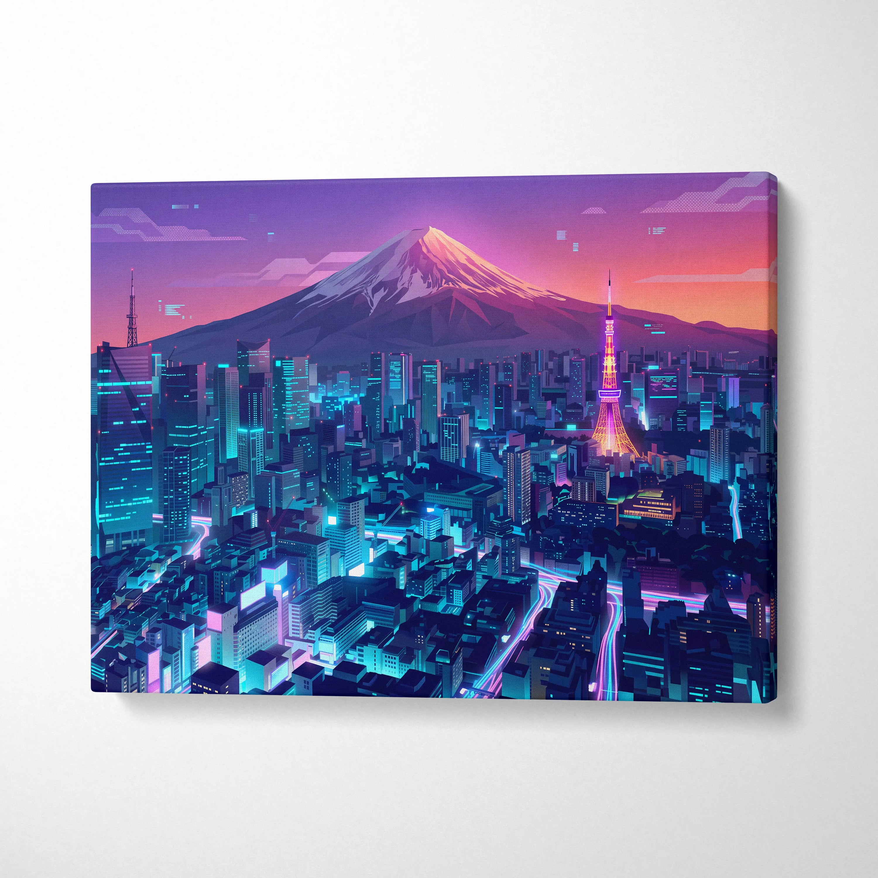 Neon Mountain City Vaporwave Canvas - Vaporwave City Neon Pink Blue Living Room Art - Dreamy Neon City Wall Art Canvas