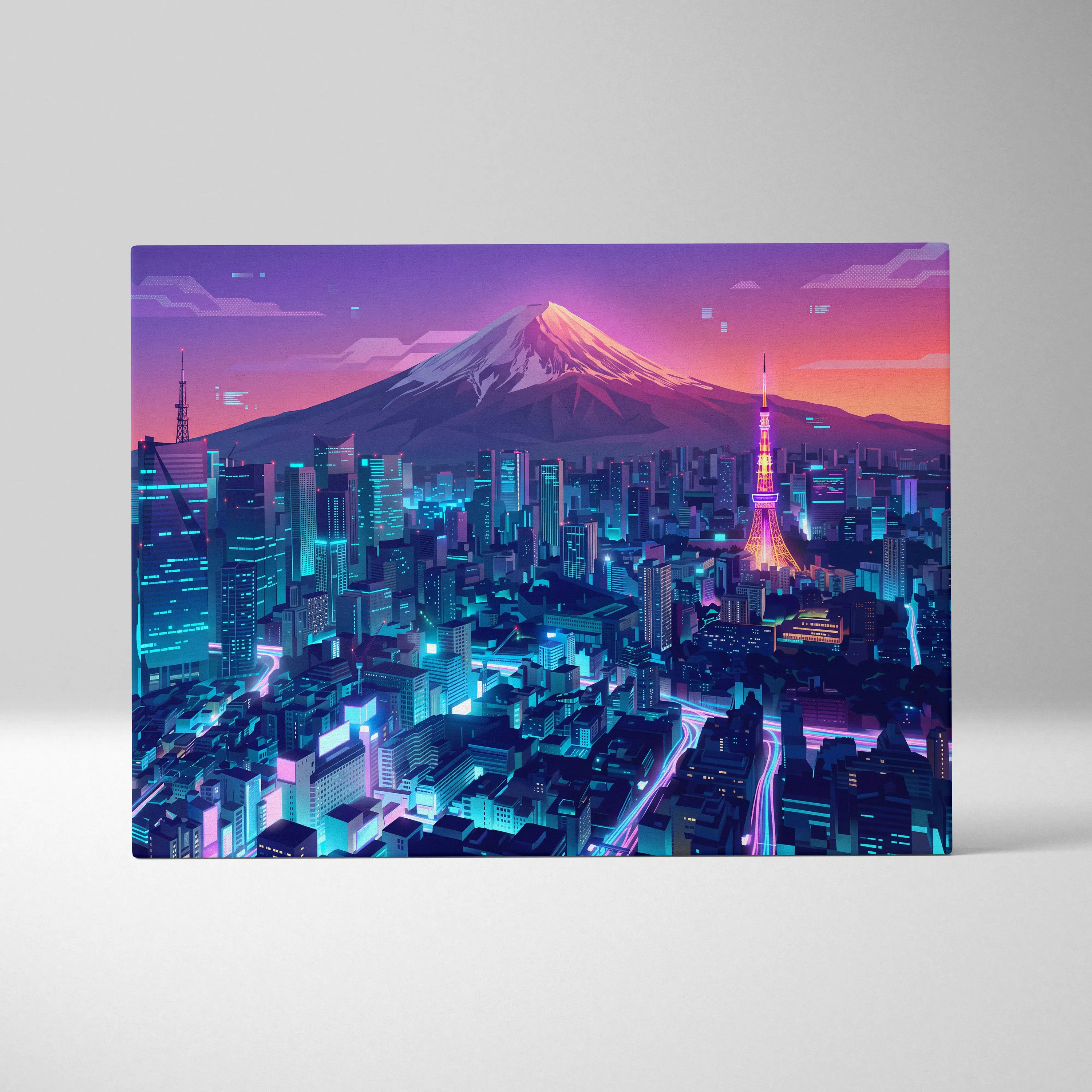 Neon Mountain City Vaporwave Canvas - Vaporwave City Neon Pink Blue Living Room Art - Dreamy Neon City Wall Art Canvas