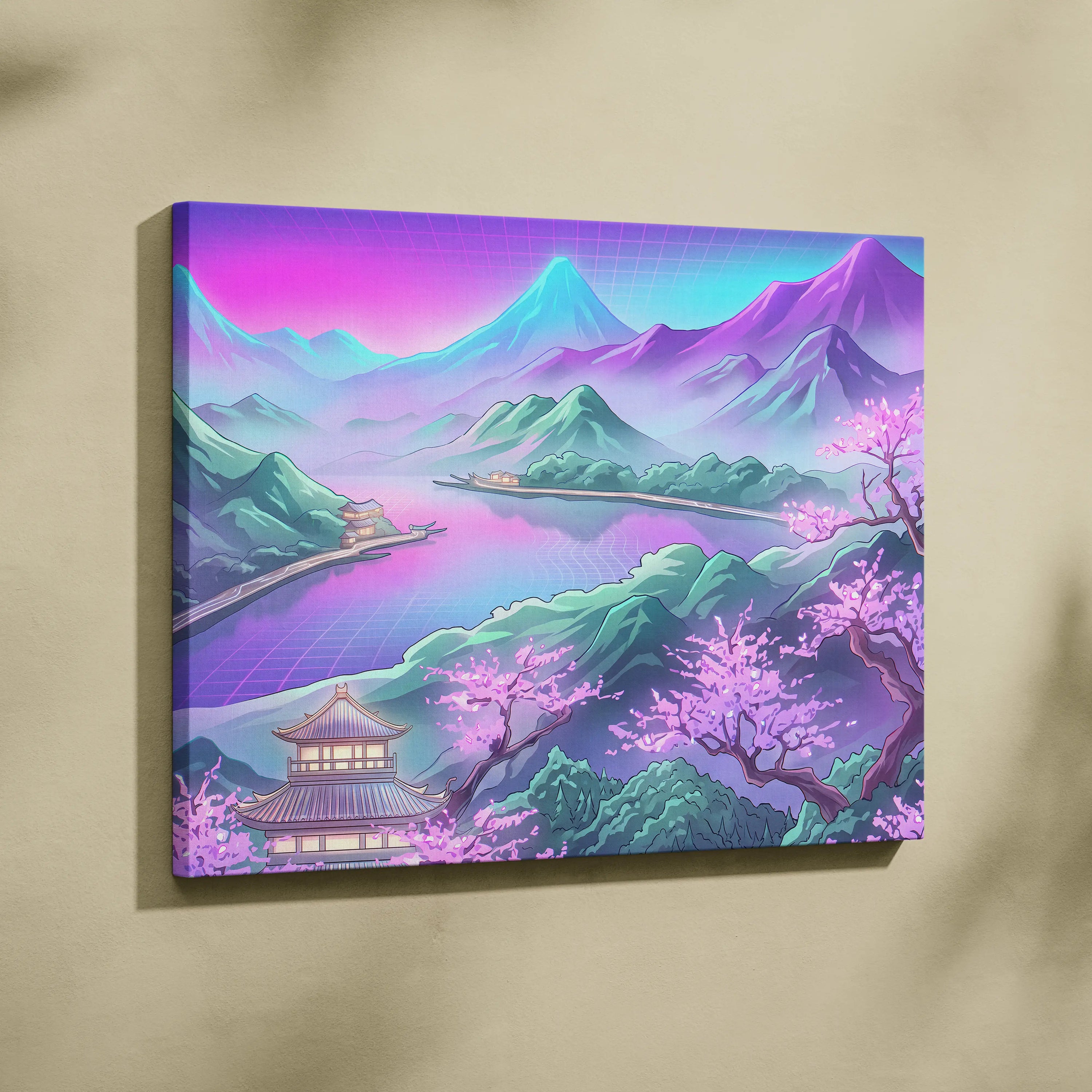 Vaporwave Japan Neon Mountain - Japan Landscape Pink Neon Vaporwave Living Room Retro Futurism Decor Canvas Print
