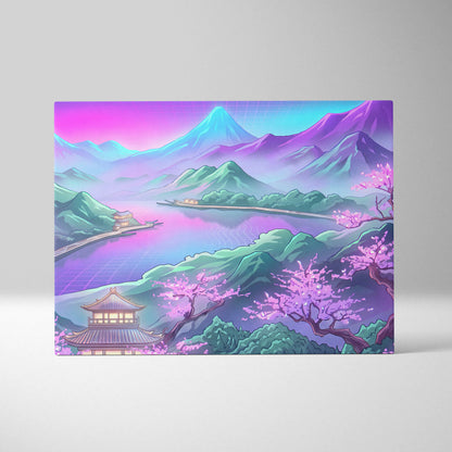 Vaporwave Japan Neon Mountain - Japan Landscape Pink Neon Vaporwave Living Room Retro Futurism Decor Canvas Print