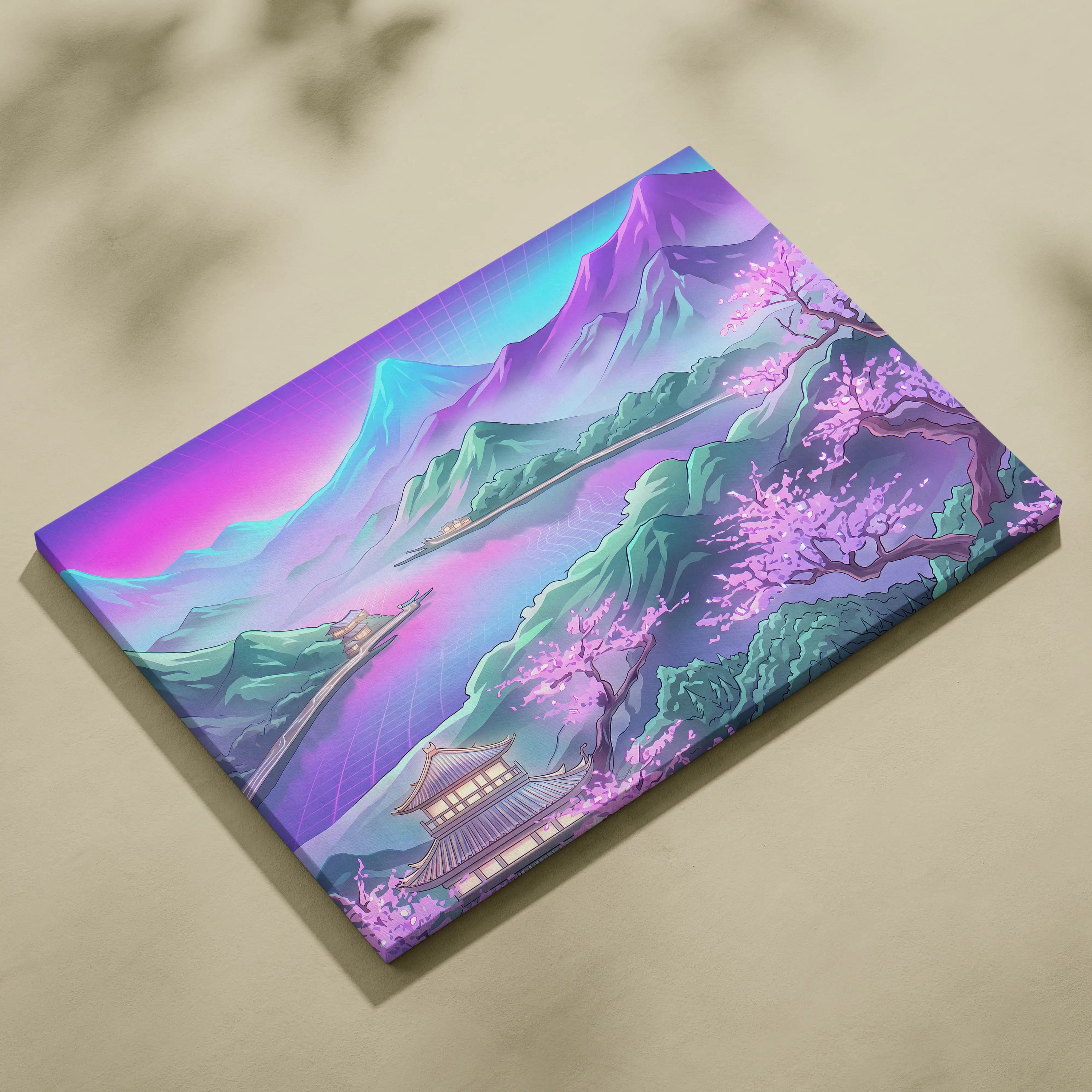 Vaporwave Japan Neon Mountain - Japan Landscape Pink Neon Vaporwave Living Room Retro Futurism Decor Canvas Print