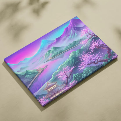 Vaporwave Japan Neon Mountain - Japan Landscape Pink Neon Vaporwave Living Room Retro Futurism Decor Canvas Print