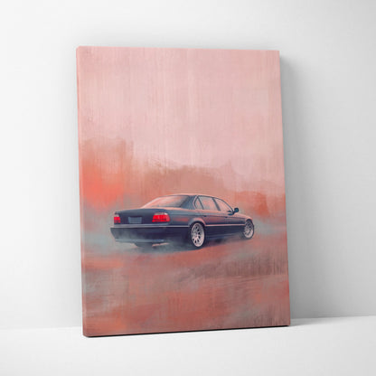 A canvas print of a dark-colored bmw 5 series sedan drifting on a misty reddish-orange road for office decor