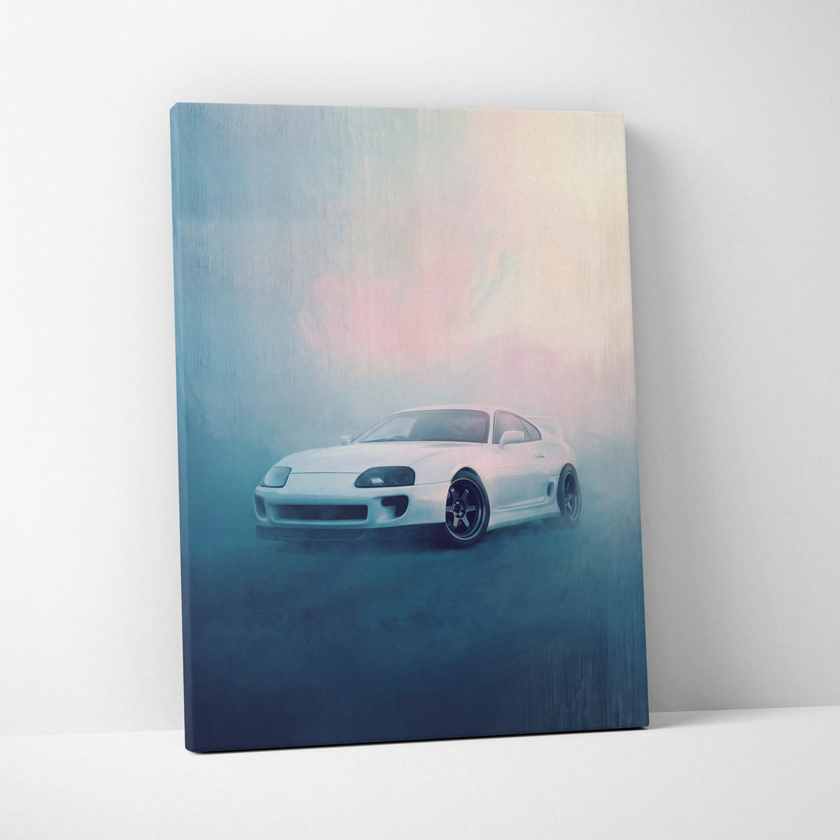 White Toyota Supra sports car on canvas with misty gradient background JDM tuner car wall painting for living room