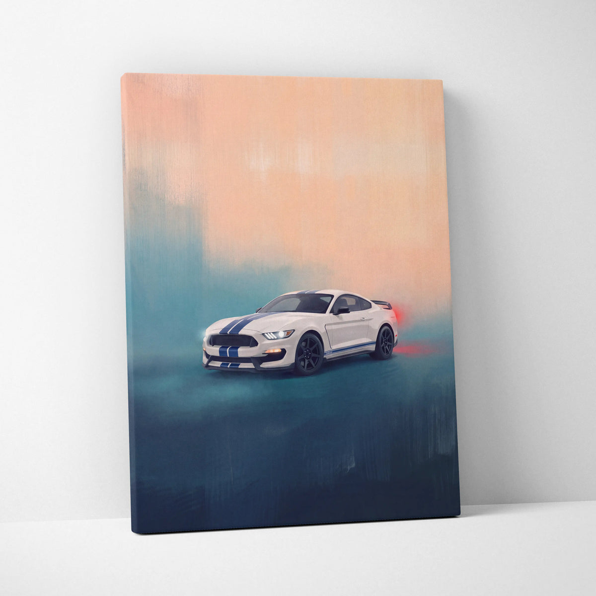 White ford mustang shelby gt350 canvas print with blue racing stripes and black wheels against gradient sky background