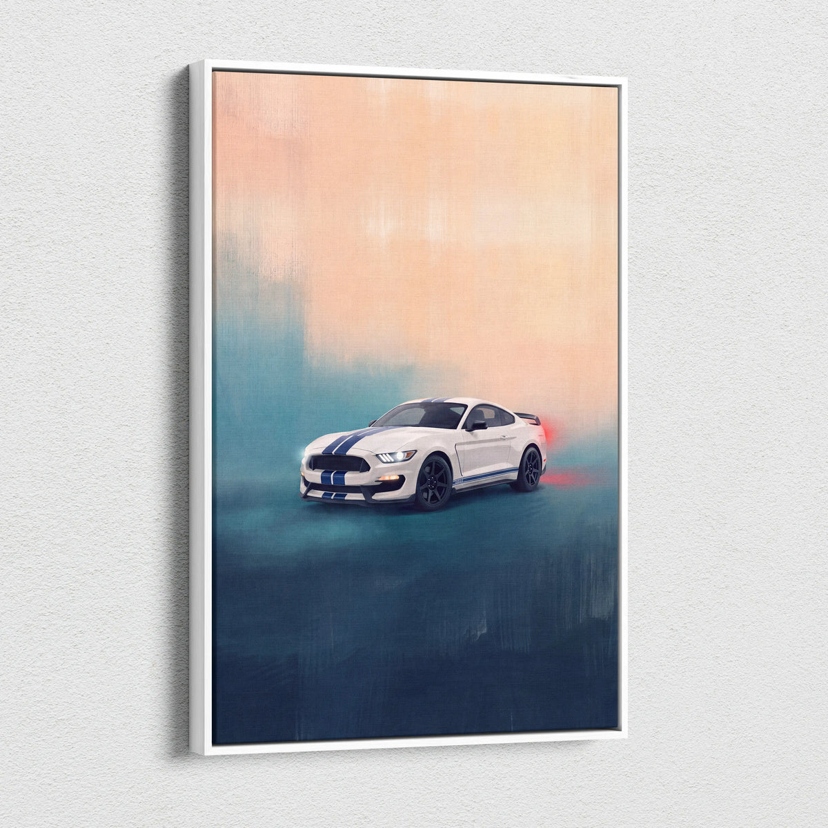 White ford mustang shelby gt350 canvas print with blue racing stripes and stylized sunset background wall art