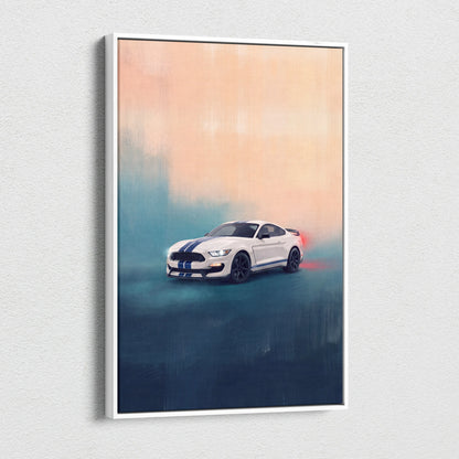 White ford mustang shelby gt350 canvas print with blue racing stripes and stylized sunset background wall art