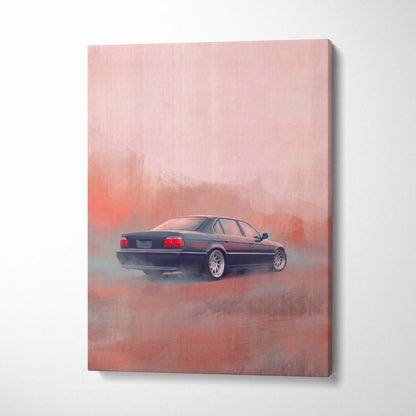Bmw 5 series inspired sleek dark sedan canvas painting with smoky orange and pink hues for office wall art