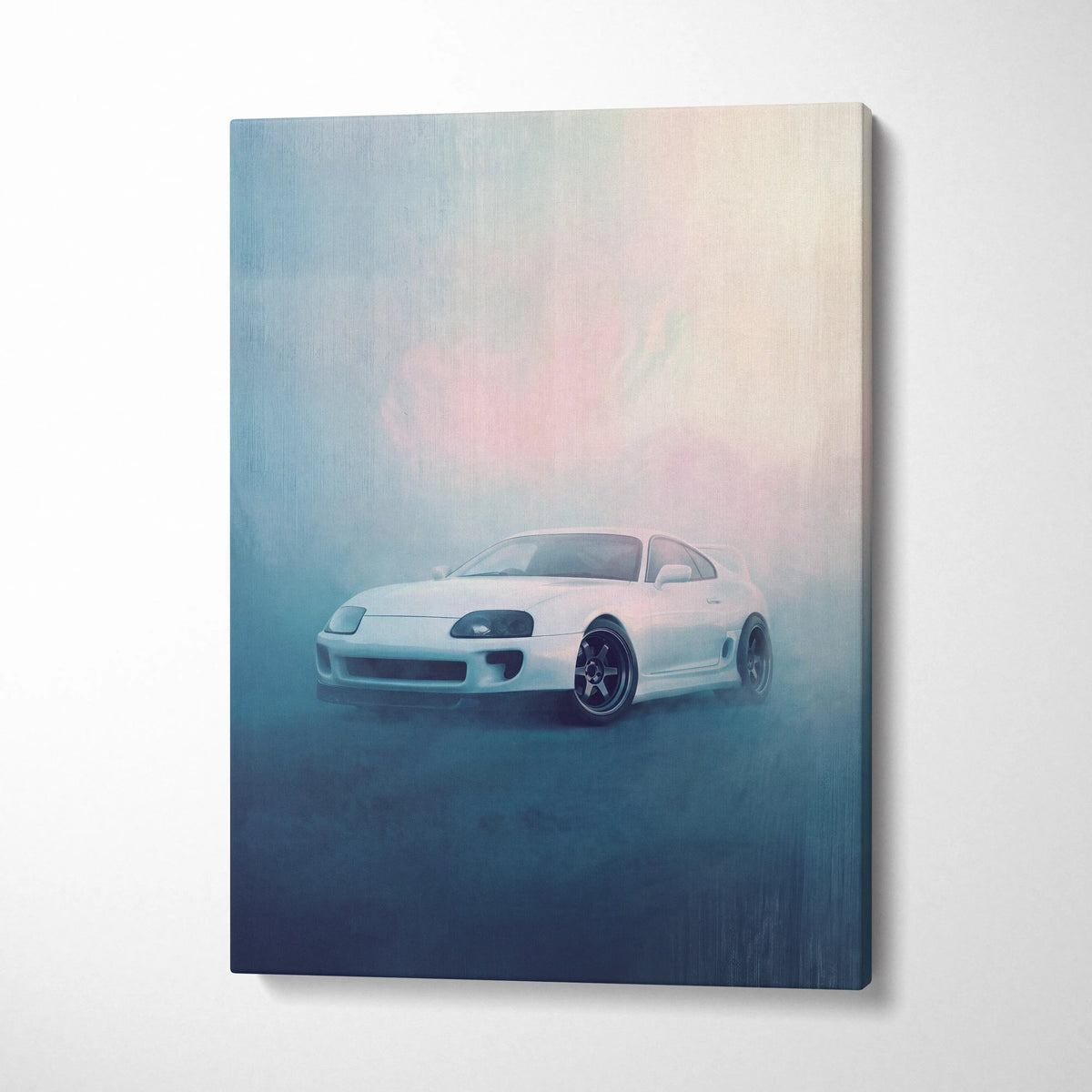 White toyota supra sports car canvas print with misty dreamlike background for jdm tuner car wall art