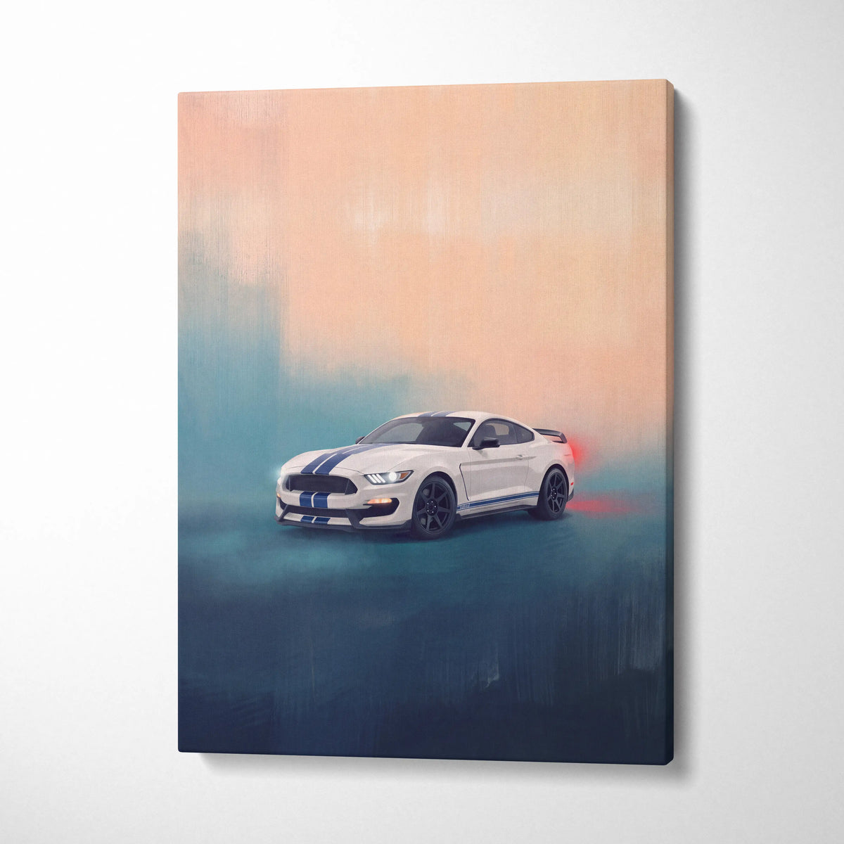 White ford mustang with blue racing stripes and black wheels on a stylized canvas print for automotive wall art