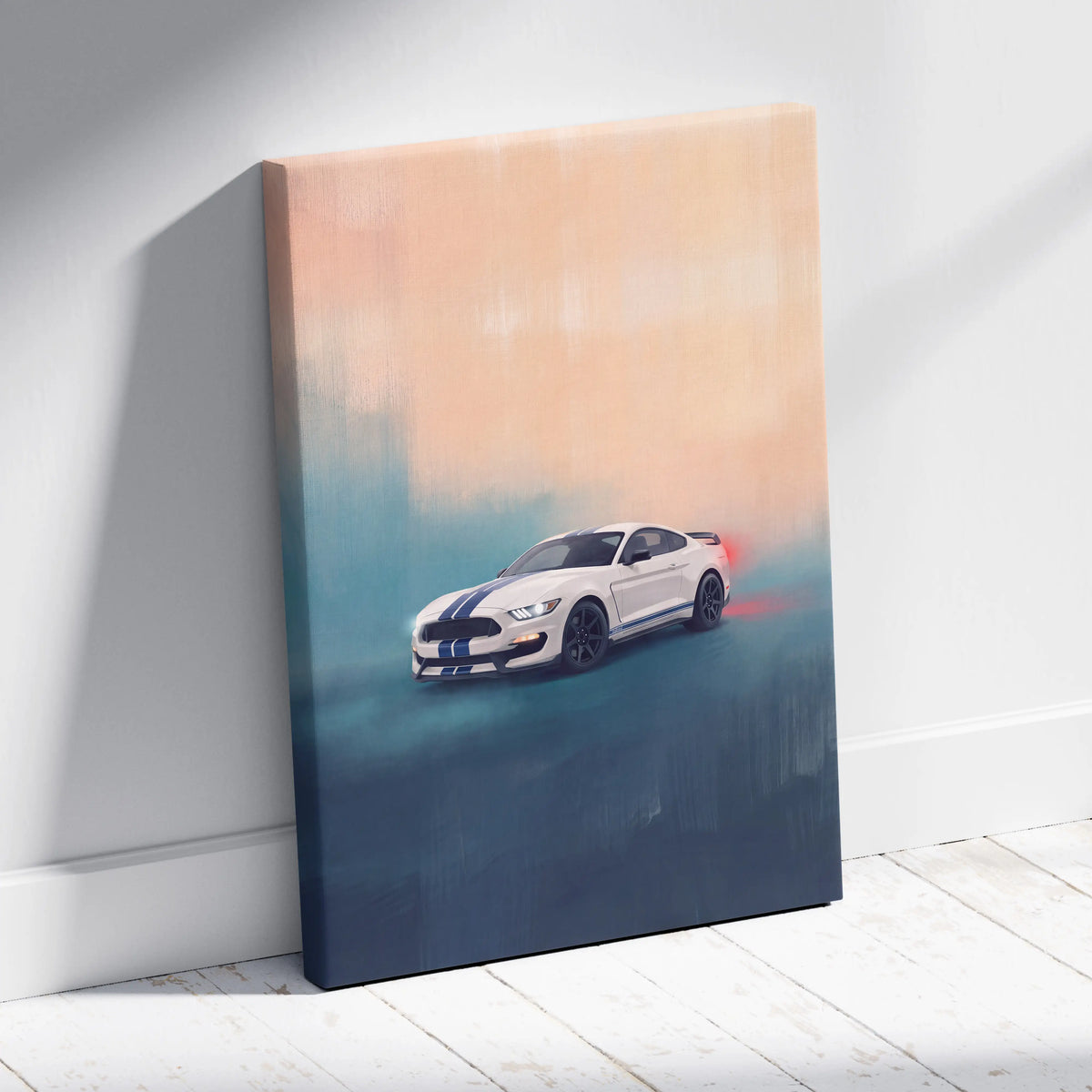 White ford mustang shelby gt350 inspired canvas print with blue racing stripes and gradient background wall art