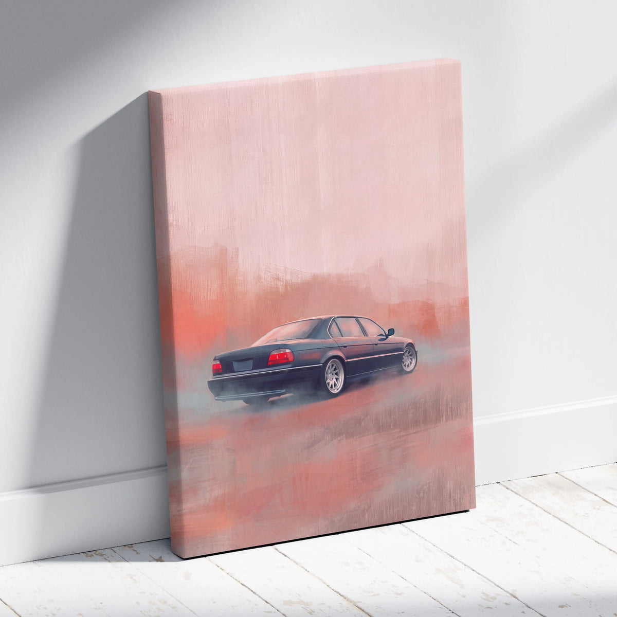 Bmw 5 series inspired canvas print of dark sedan drifting against pink orange gradient for office wall art