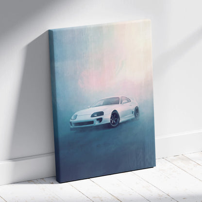 Toyota Supra inspired canvas art featuring a white sports car with a soft pastel gradient background for living room