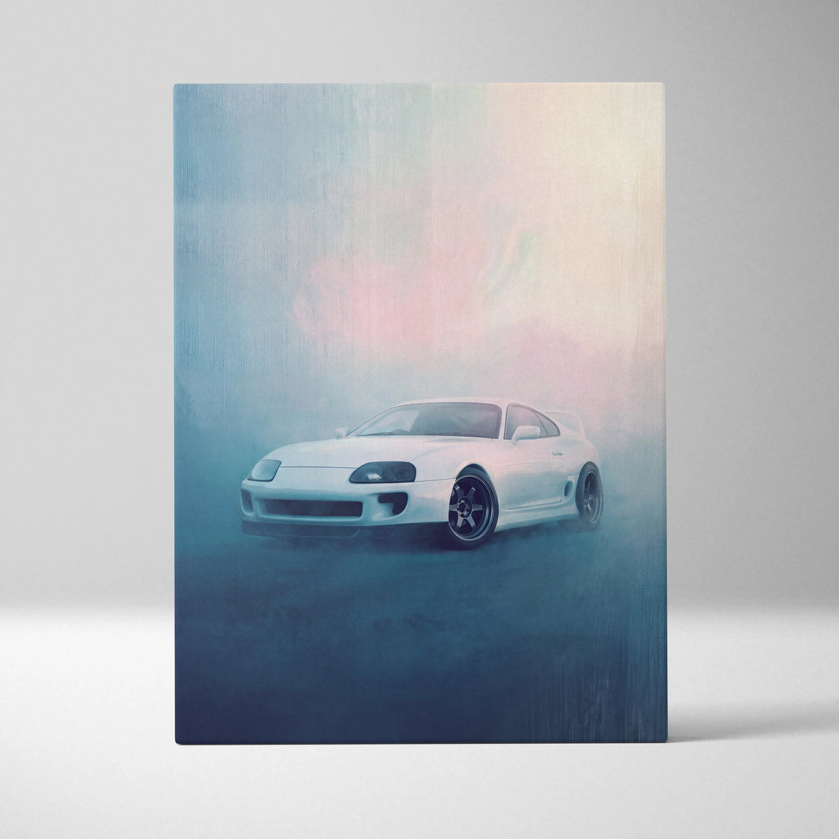 White Toyota Supra sports car in stylized misty artwork on pastel gradient canvas for JDM tuner car wall painting