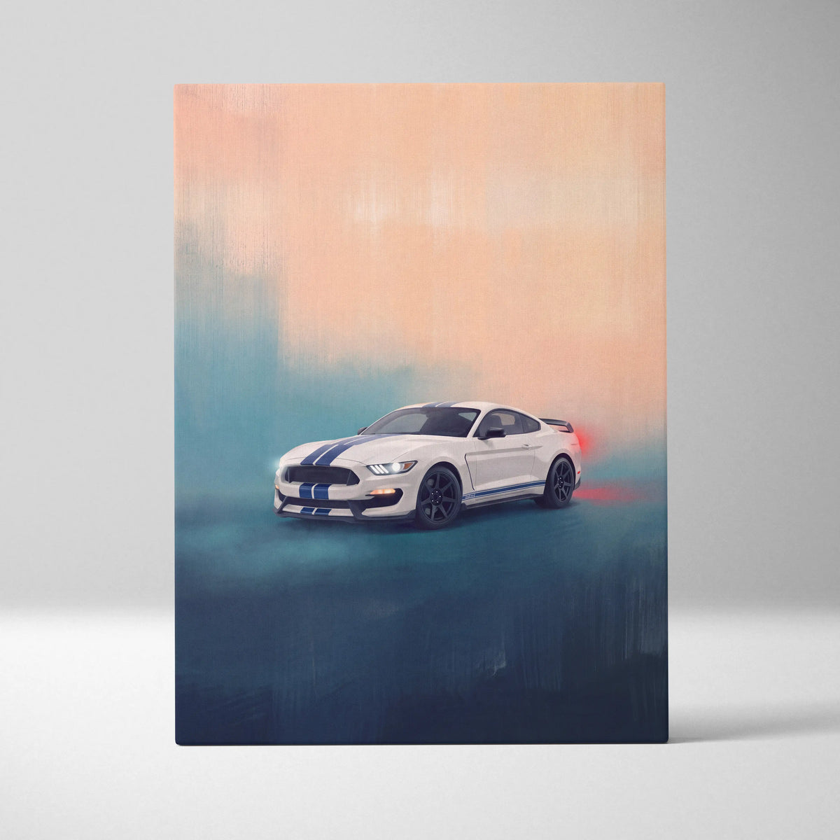 White ford mustang with blue racing stripes and black wheels stylized painting on muscle car canvas wall art