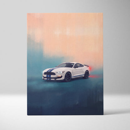 White ford mustang with blue racing stripes and black wheels stylized painting on muscle car canvas wall art